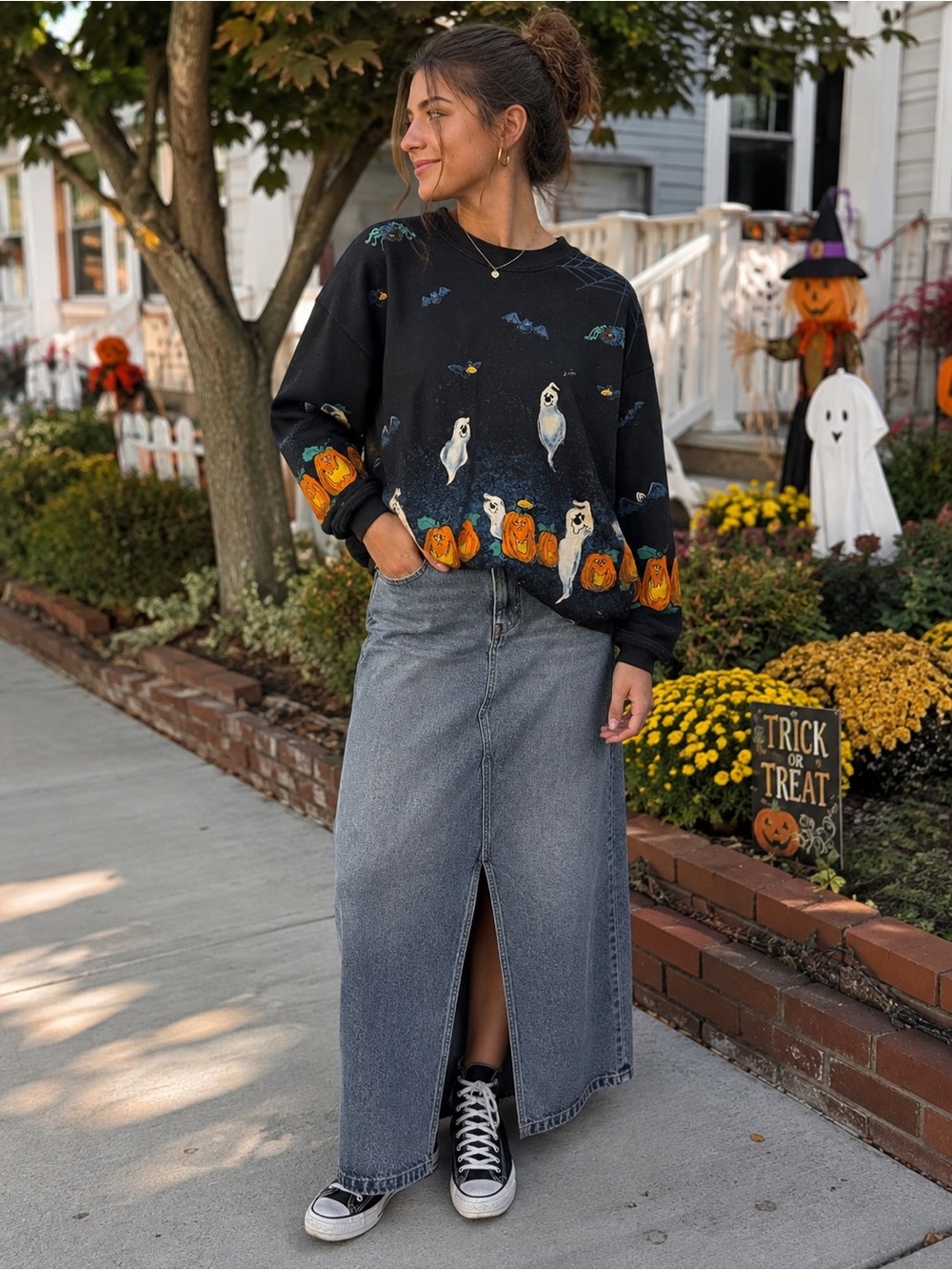 VTG 90s Artisans Black Fleece Halloween Ghosts & Jack-O-Lanterns Sweatshirt Sz L